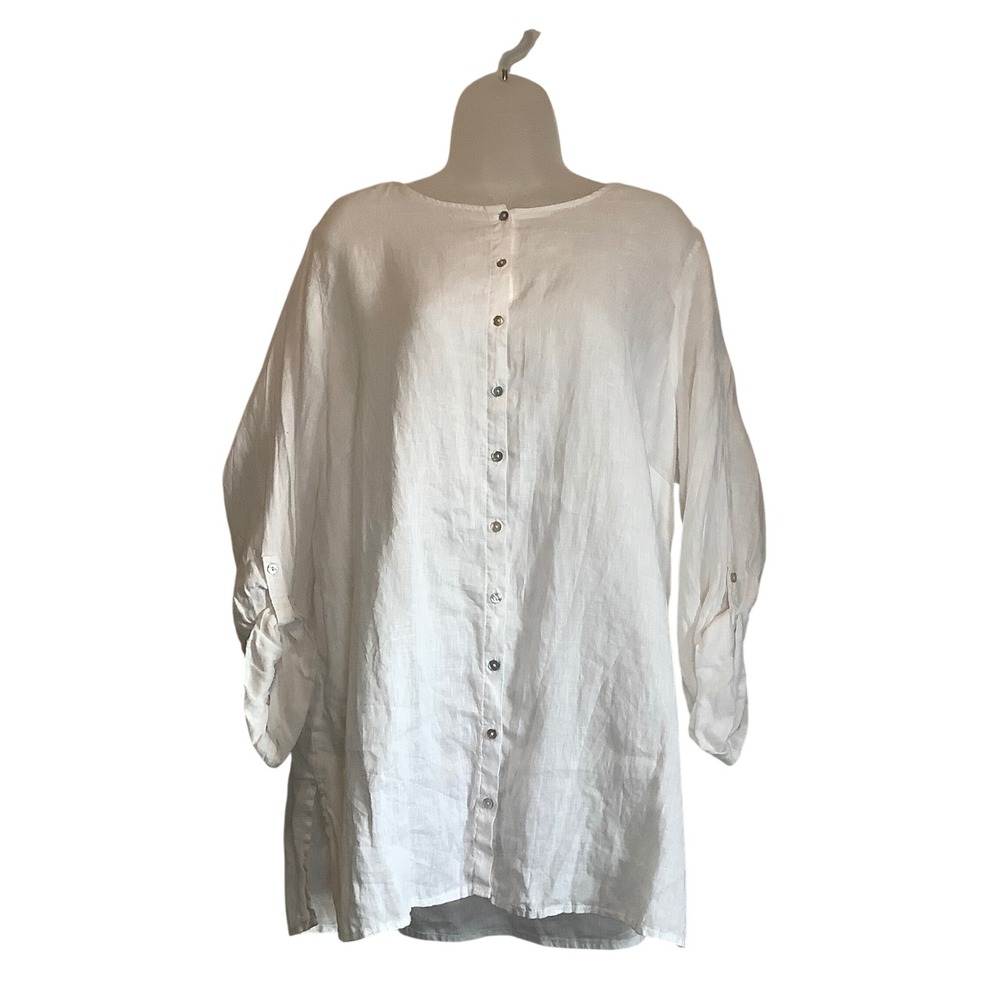 Tahari White 100%‎ Linen Button Front Tunic Roll Tab Sleeve Blouse Womens 1X